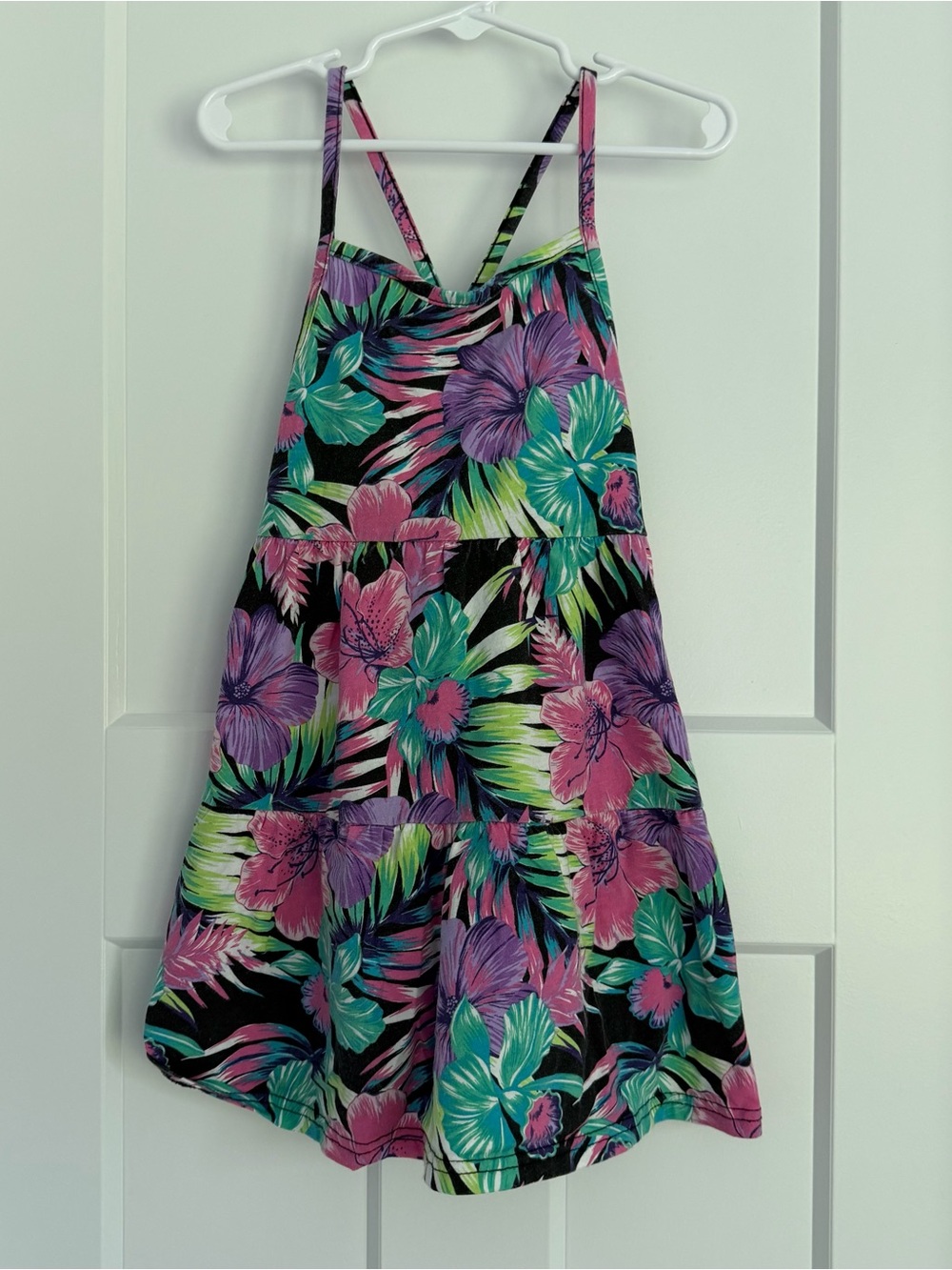 Place Girls' Black Tropical Floral Skirted Dress with Pink & Purple Accents